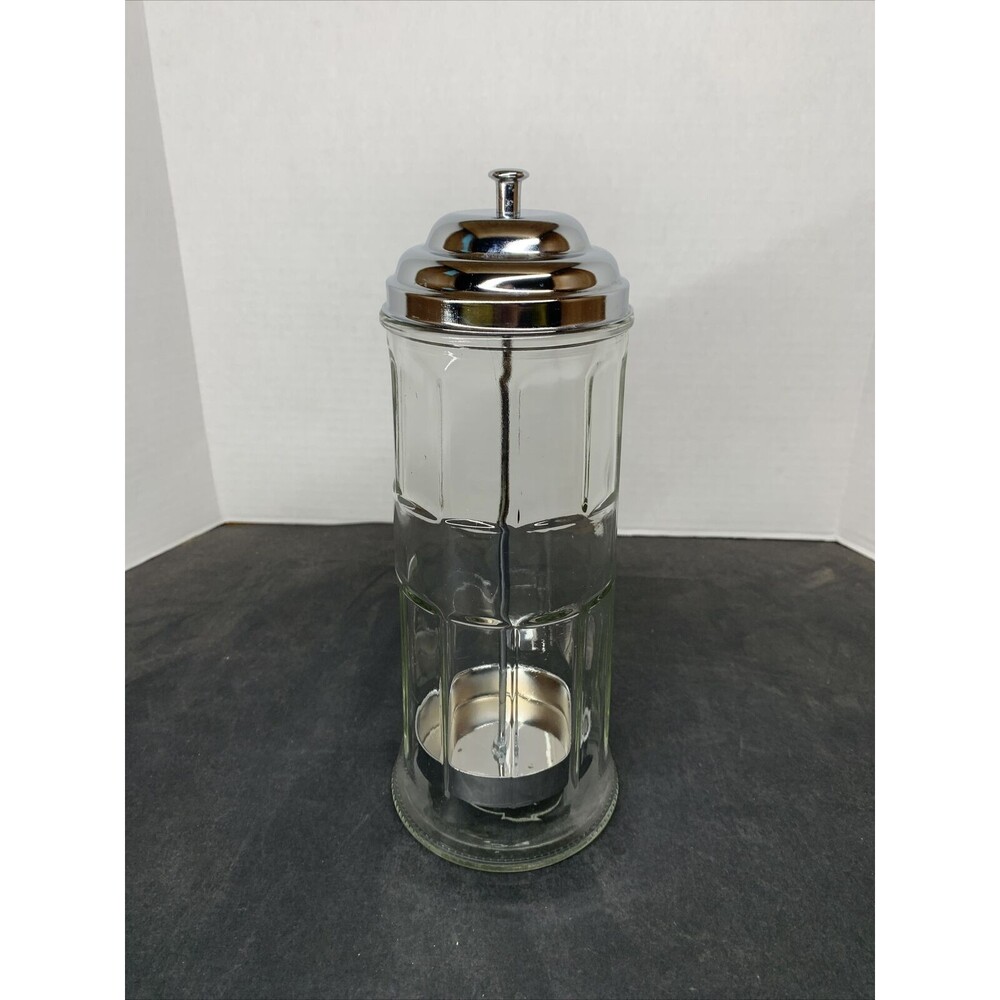 Vtg Table Craft Straw Dispenser 11" Heavy Glass w/ Metal Scoop barber combs